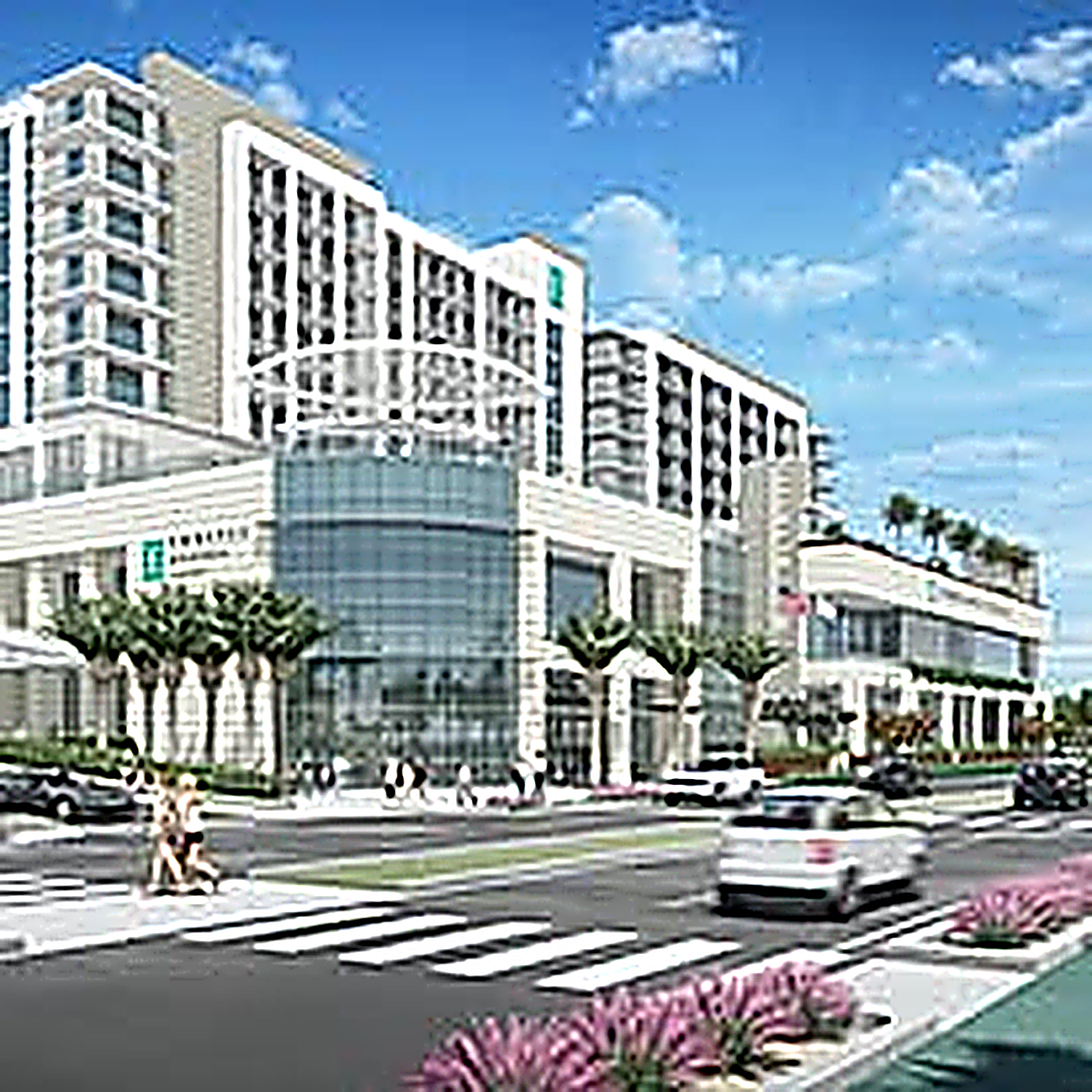 Mixed-use hotel and retail development with palm-lined streets