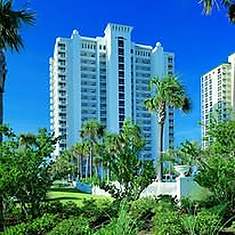 Beachside condominium tower framed by palms