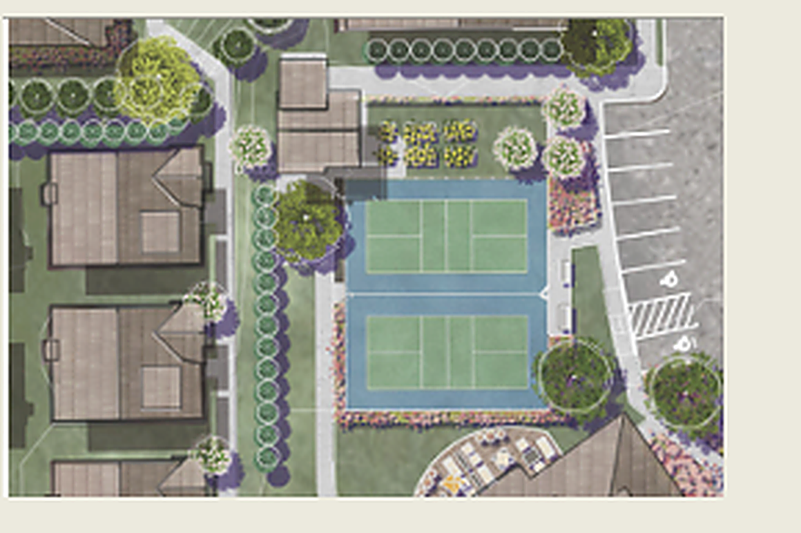 Resort community site plan with tennis courts, pool, and cottages