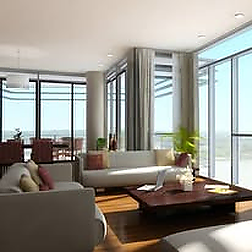 Living room with floor-to-ceiling water views