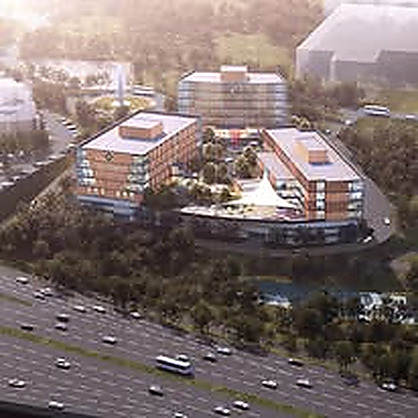 Aerial rendering of mixed-use office campus