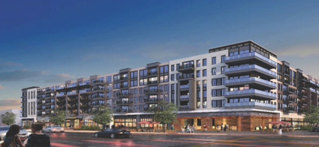 Mixed-use residential building rendering at dusk
