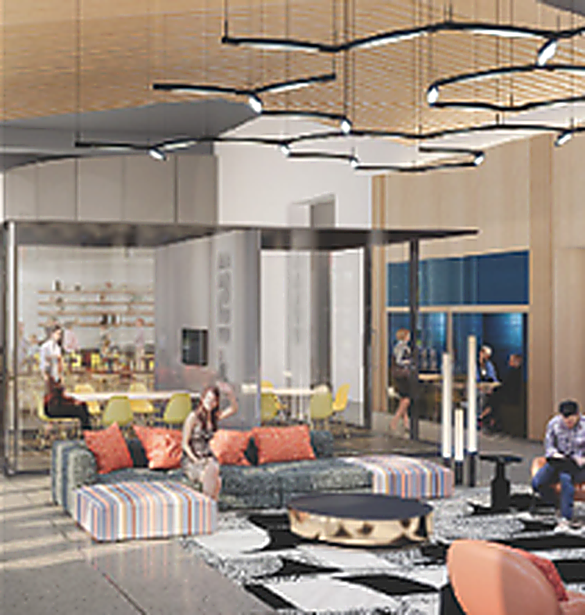 Contemporary hotel lobby with pendant lighting and lounge seating