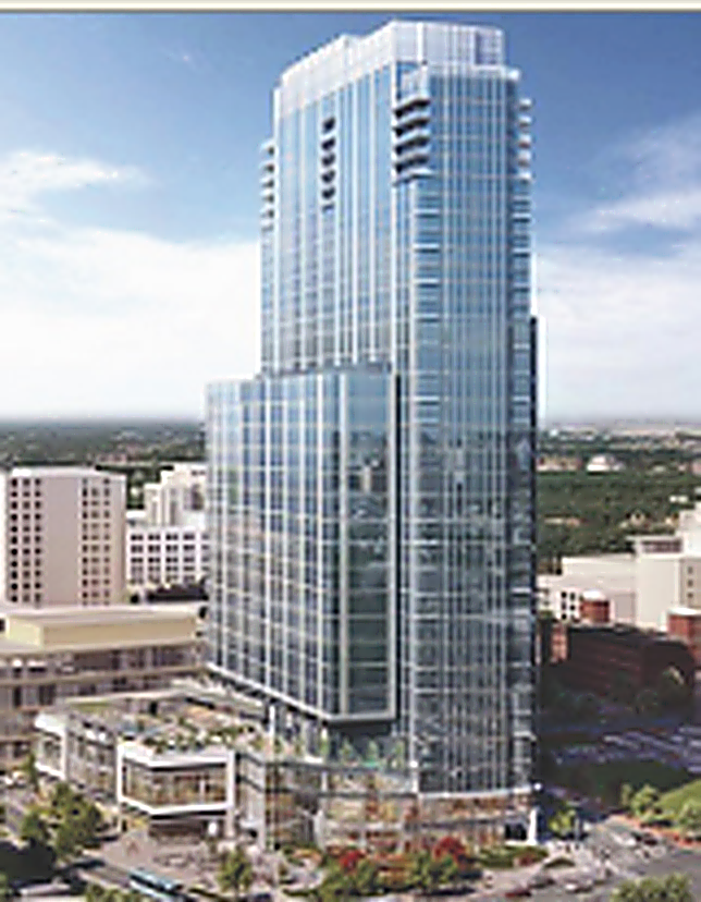 Downtown mixed-use tower with landscaped plaza