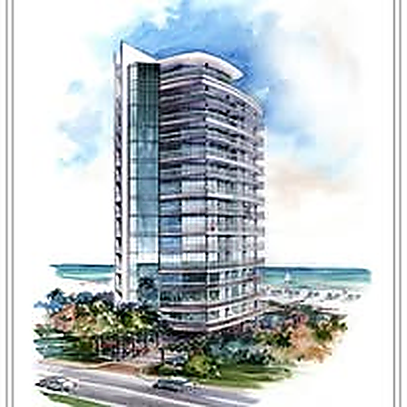 Watercolor rendering of a beachfront condominium