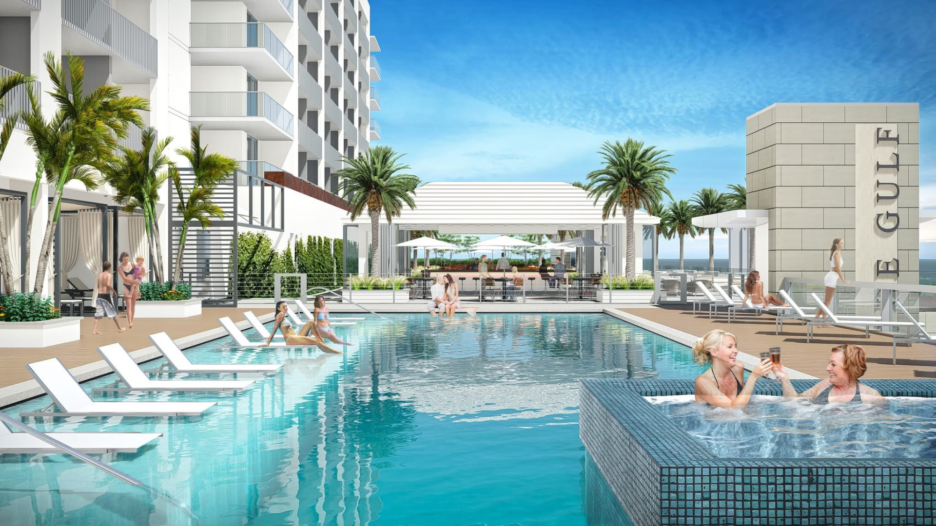 Gulf Coast resort pool deck with palms and terrace bar